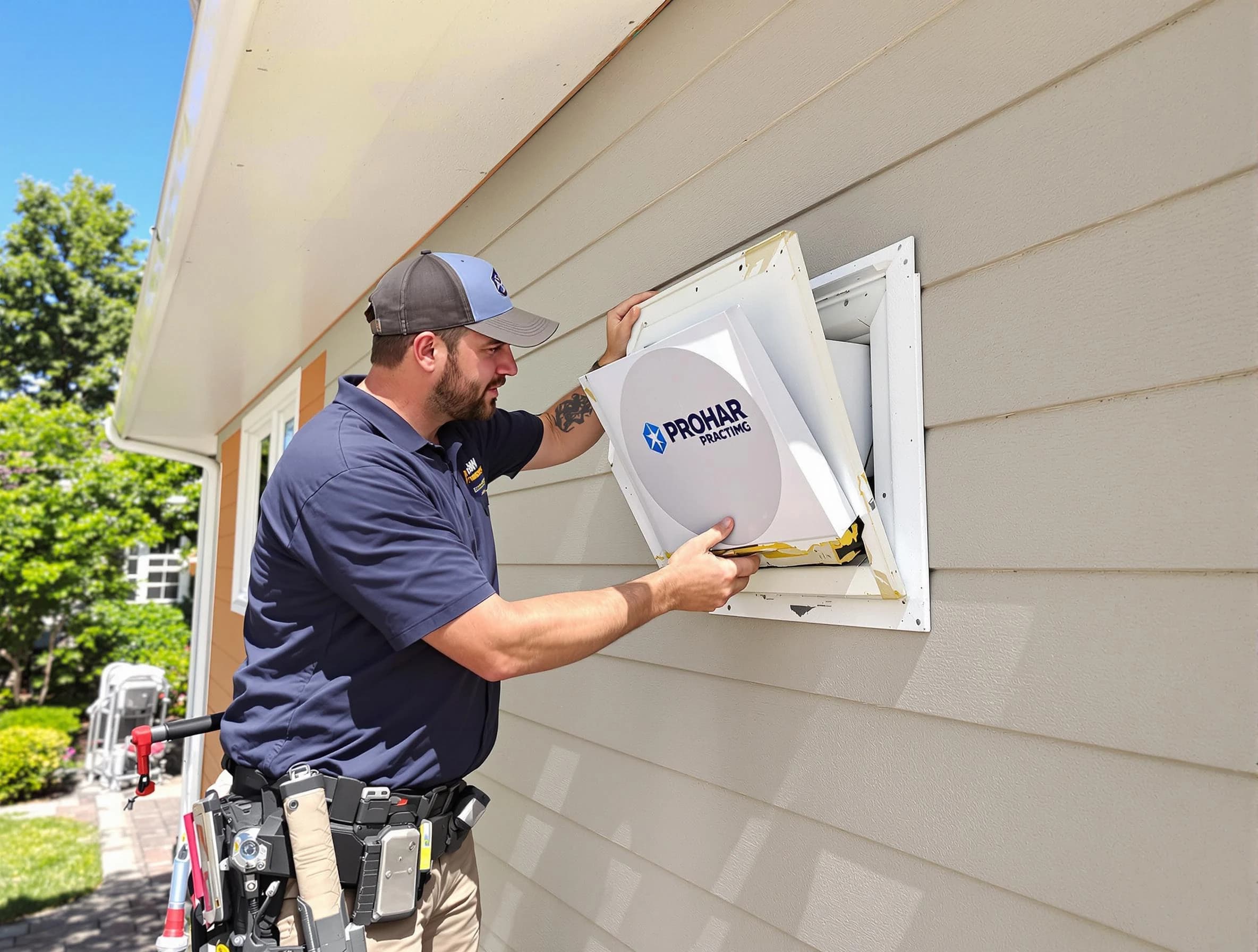Brockton Dryer Vent Cleaning technician installing a new protective dryer vent cover on a home in Brockton