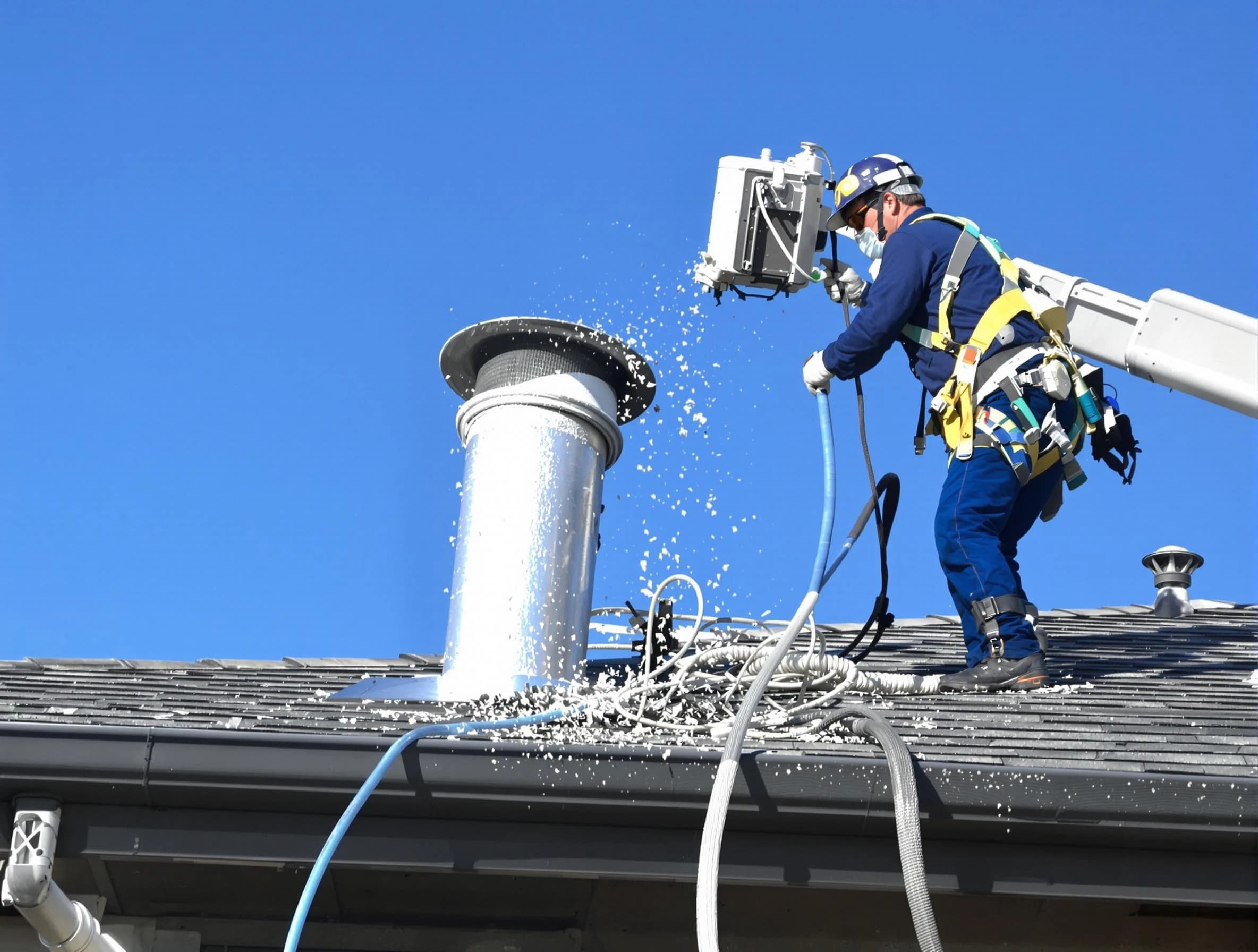 Brockton Dryer Vent Cleaning certified technician safely cleaning a roof-mounted dryer vent in Brockton