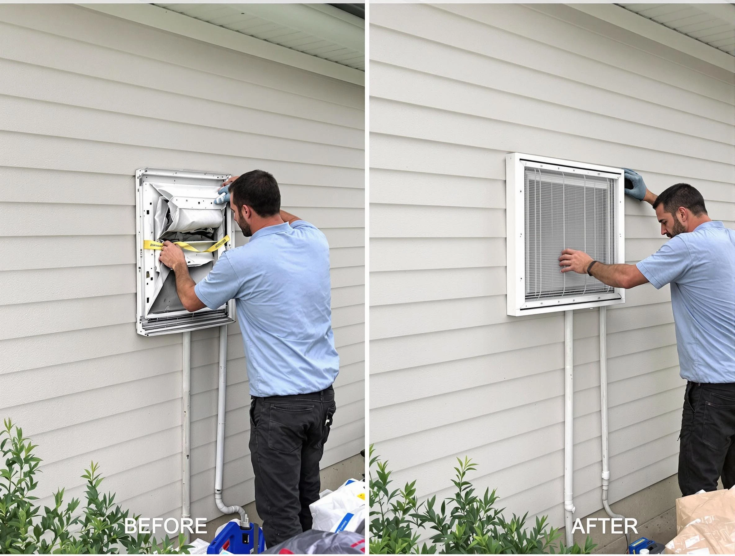 Brockton Dryer Vent Cleaning technician installing high-quality dryer vent cover at a residential property in Brockton